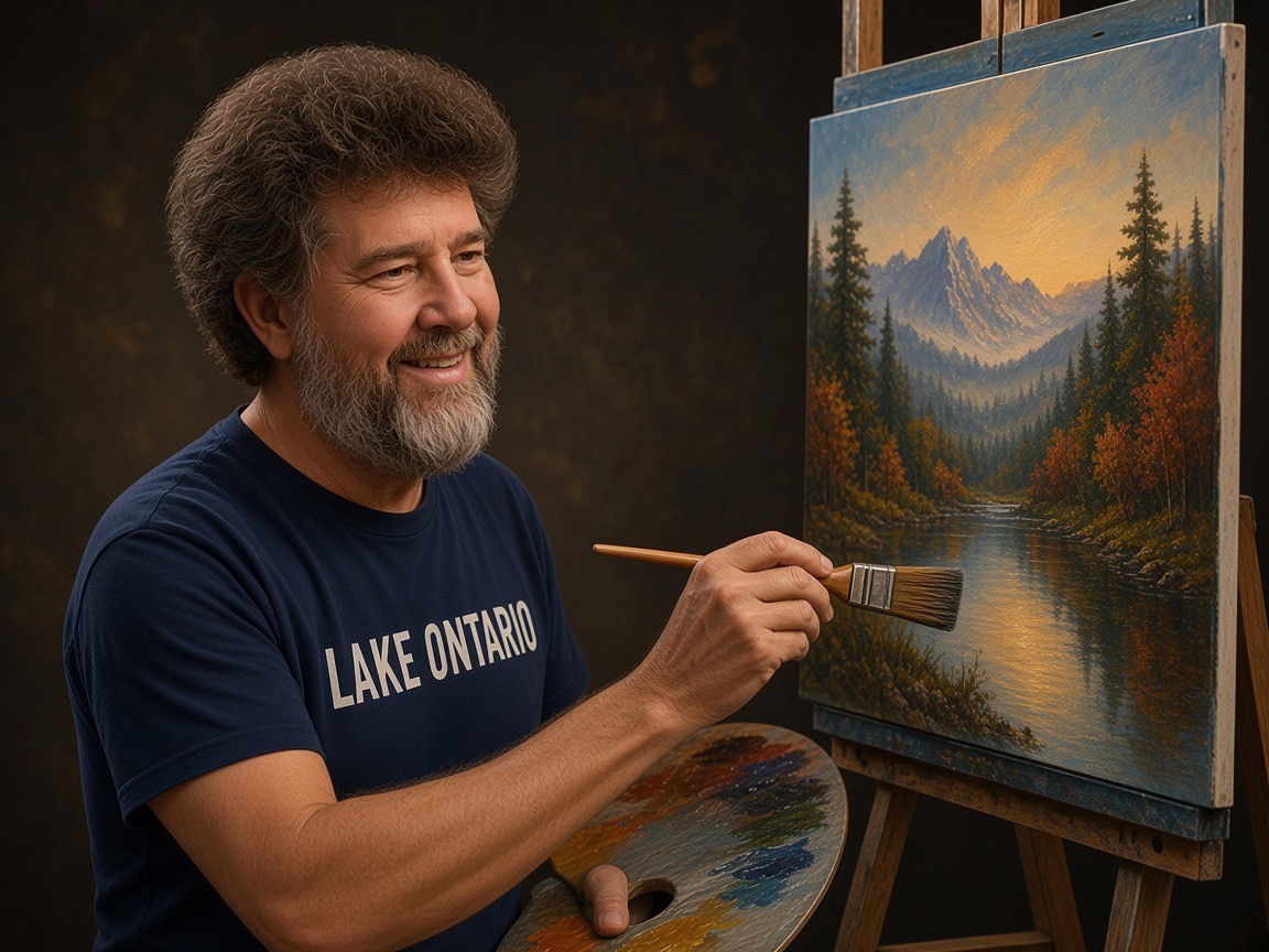 A smiling man holding a paintbrush beside a mountain and river landscape painting.