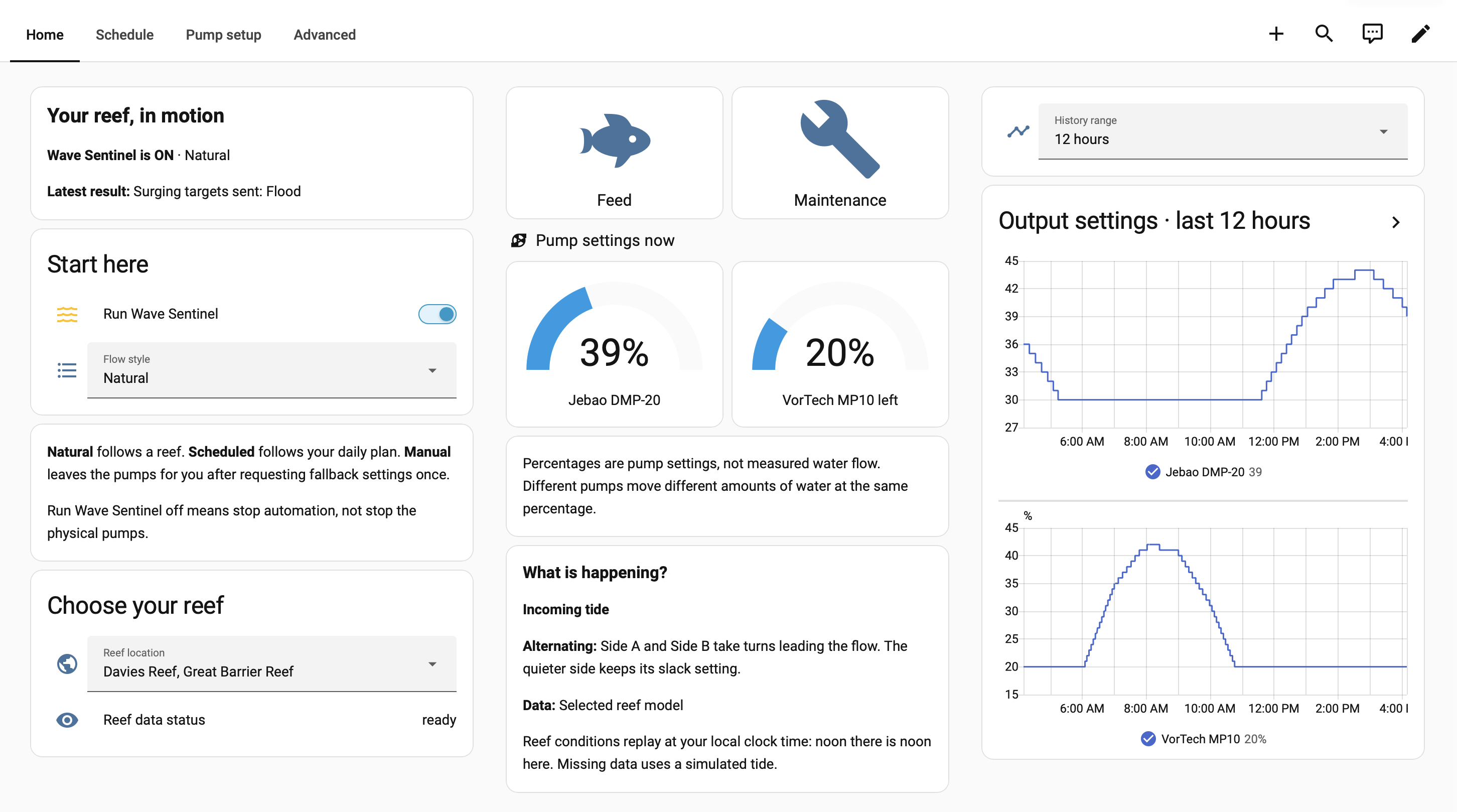 Development dashboard showing Natural flow mode, Davies Reef selection, Feed and Maintenance controls, Jebao DMP-20 at 39 percent and VorTech MP10 at 20 percent, with 12-hour pump-setting charts.