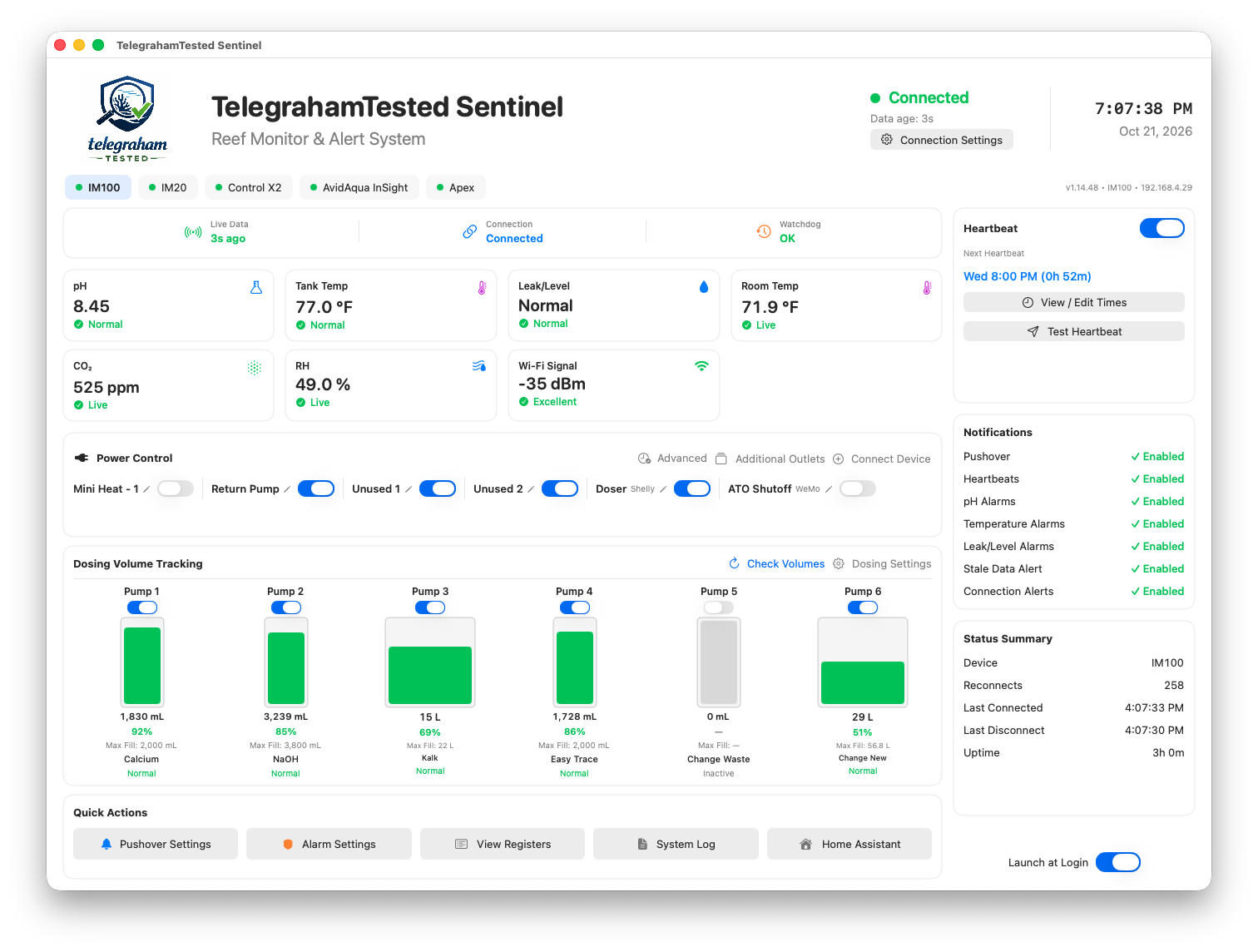 Sentinel for Mac personal app showing connected aquarium equipment, pH and temperature, CO₂, outlet controls, dosing volumes, notification status and Home Assistant access.